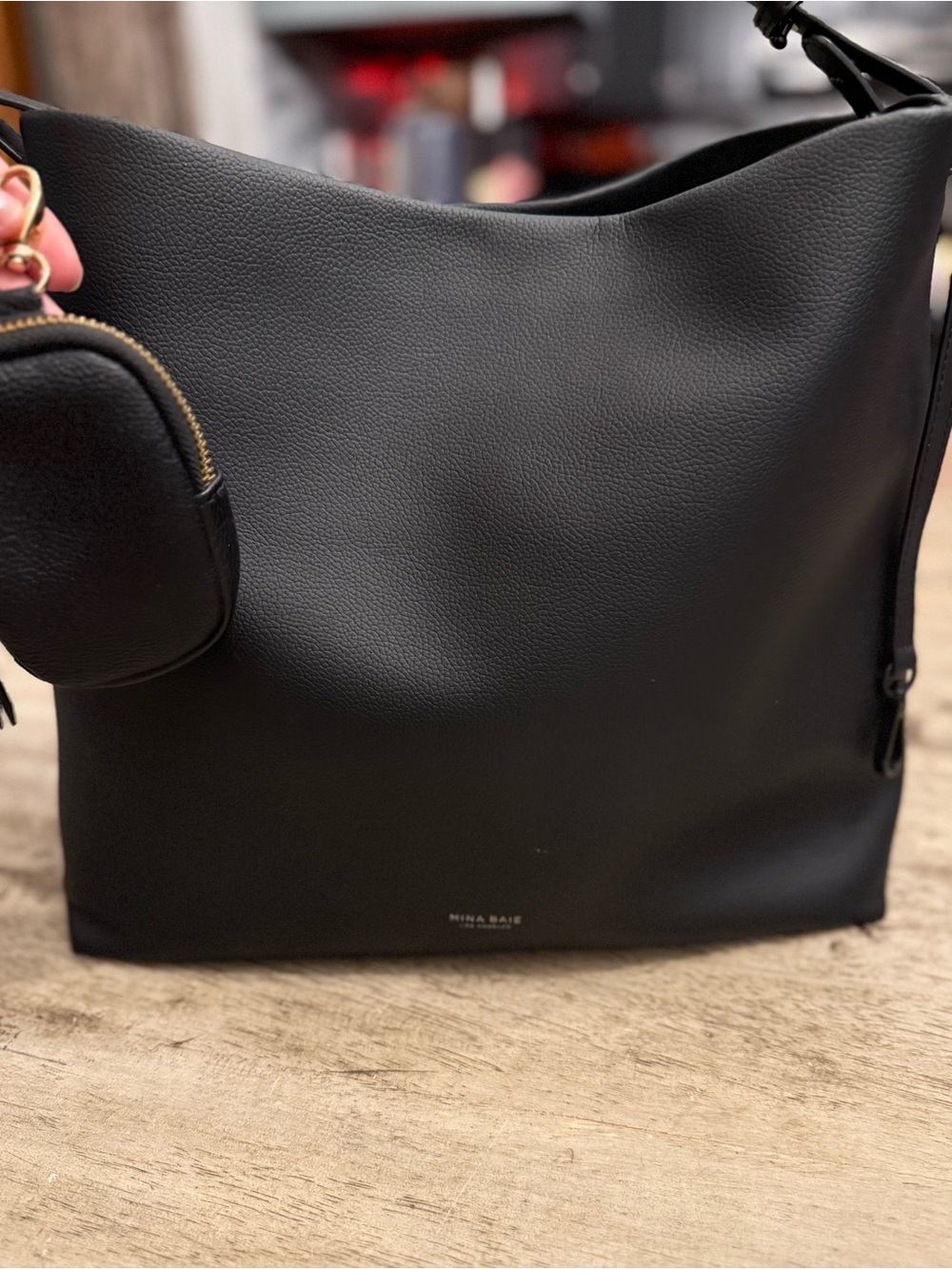 Mina Baie Black Leather Shoulder Tote with Detachable Coin Pouch